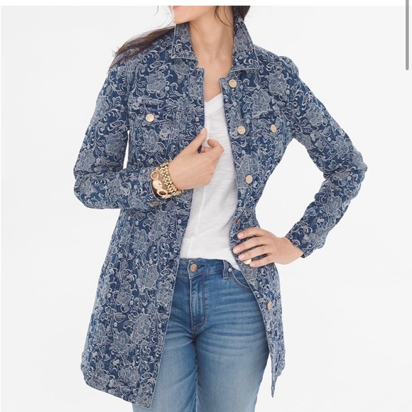 Chico's Jackets & Blazers - CHICOS Elongated Jacquard Floral Print Denim Jacket NWOT - 2